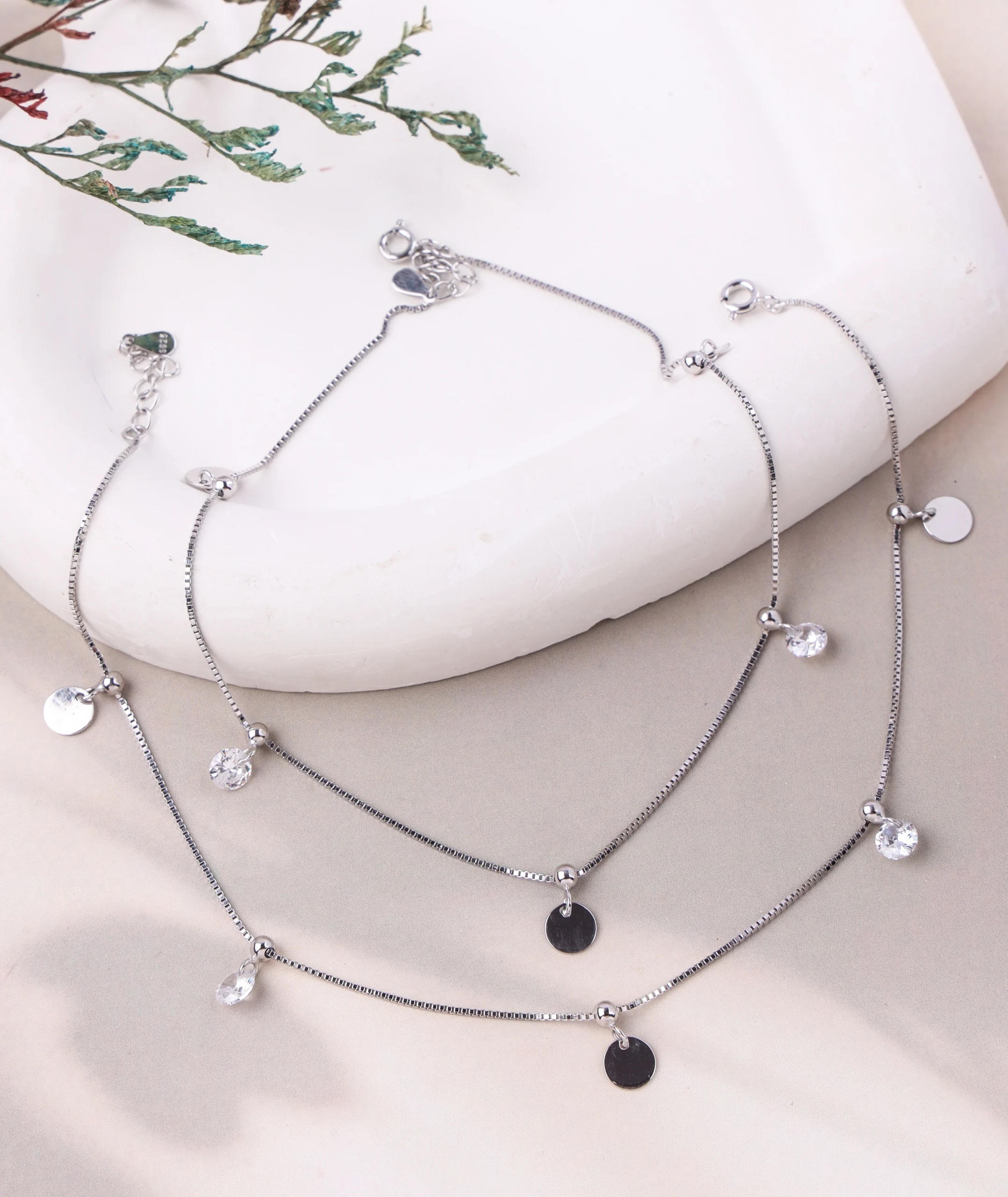 Crystal Dew Drop Silver Anklet