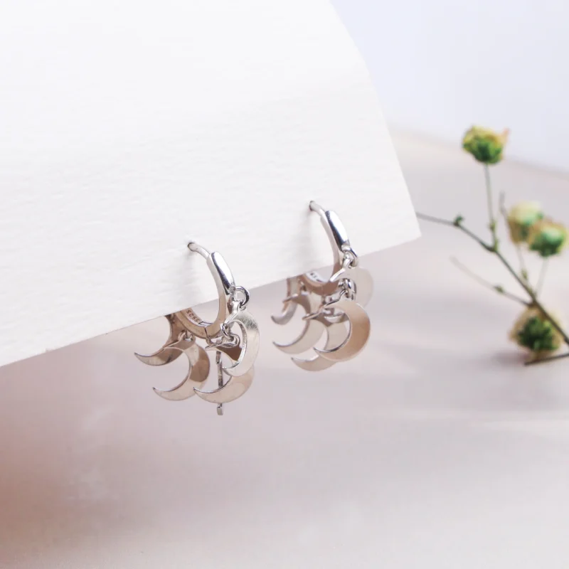 Crescent Moon Dangle Hoop Earrings (Silver)