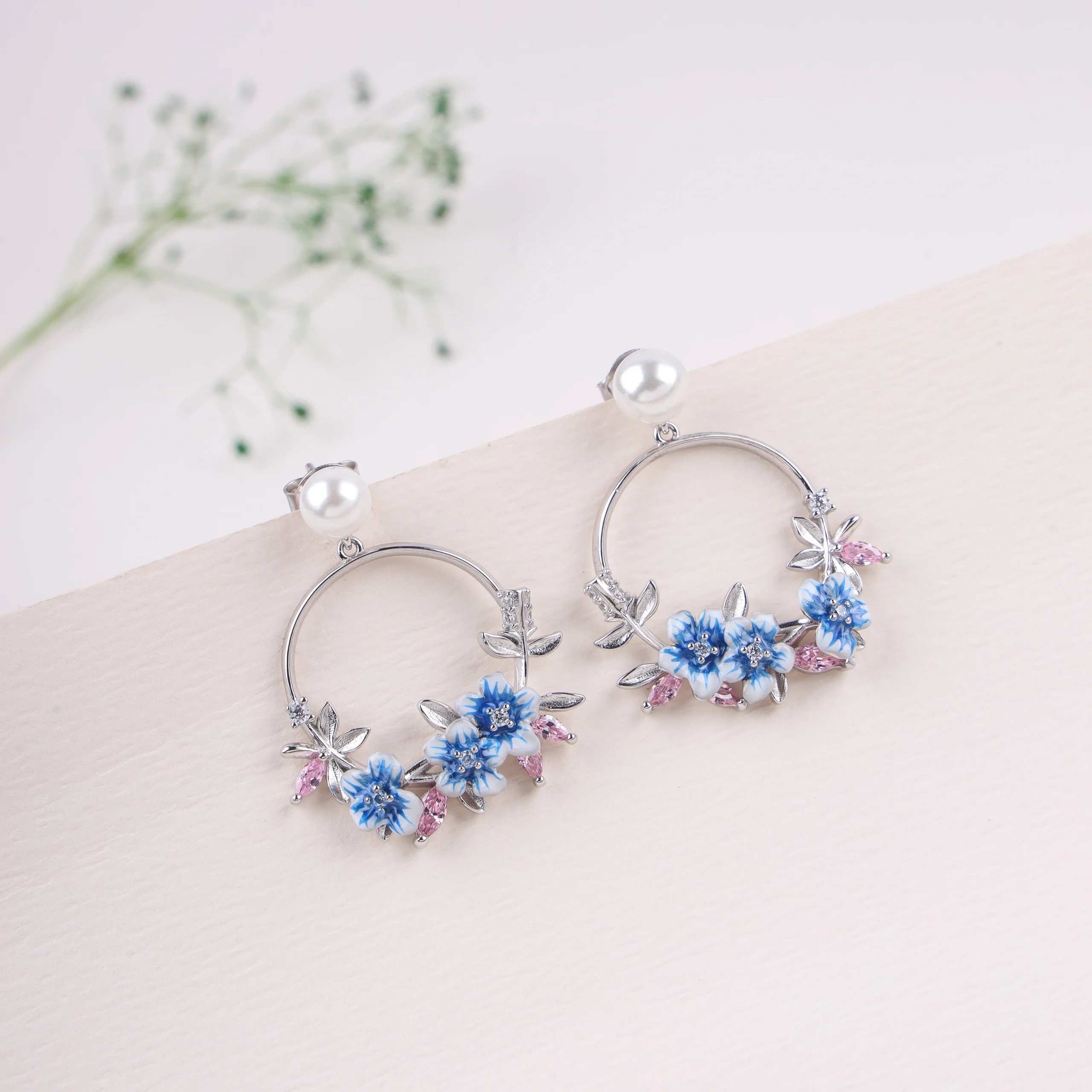 Enamel Floral Hoop Studs (Silver)