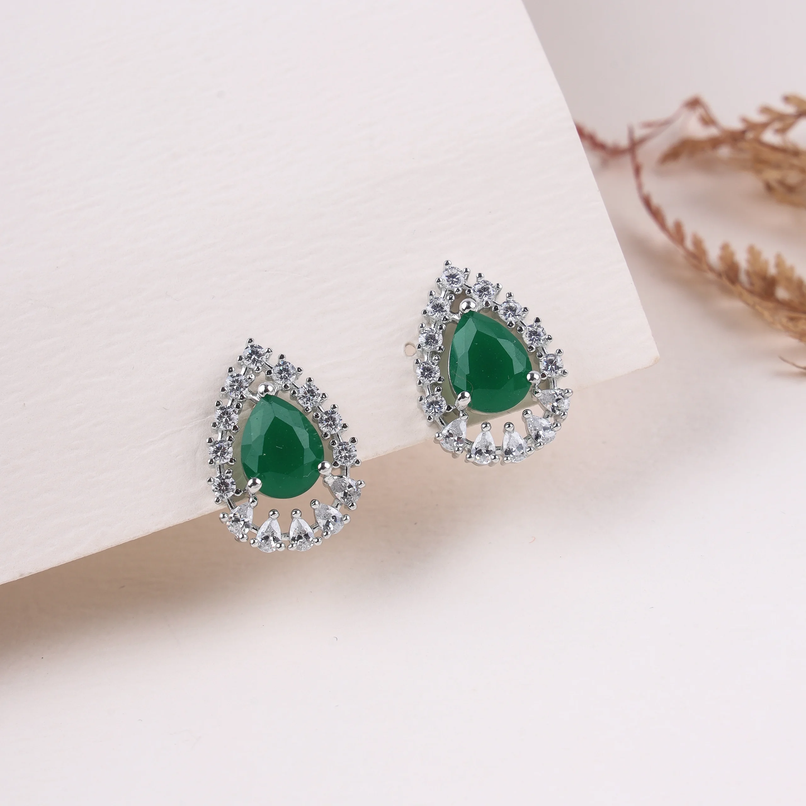 Emerald Teardrop Halo Stud Earrings (Silver)