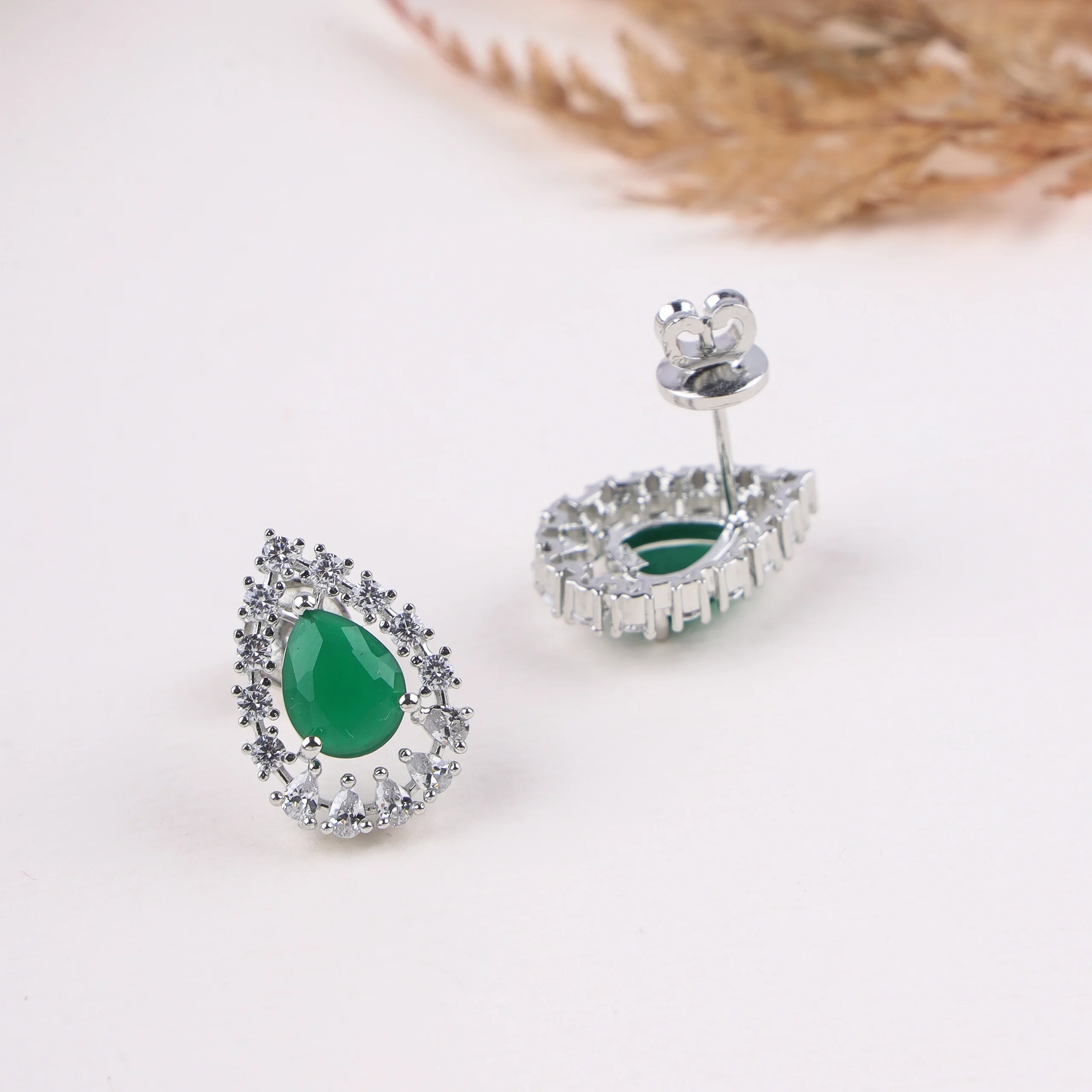 Emerald Teardrop Halo Stud Earrings (Silver) - Image 2