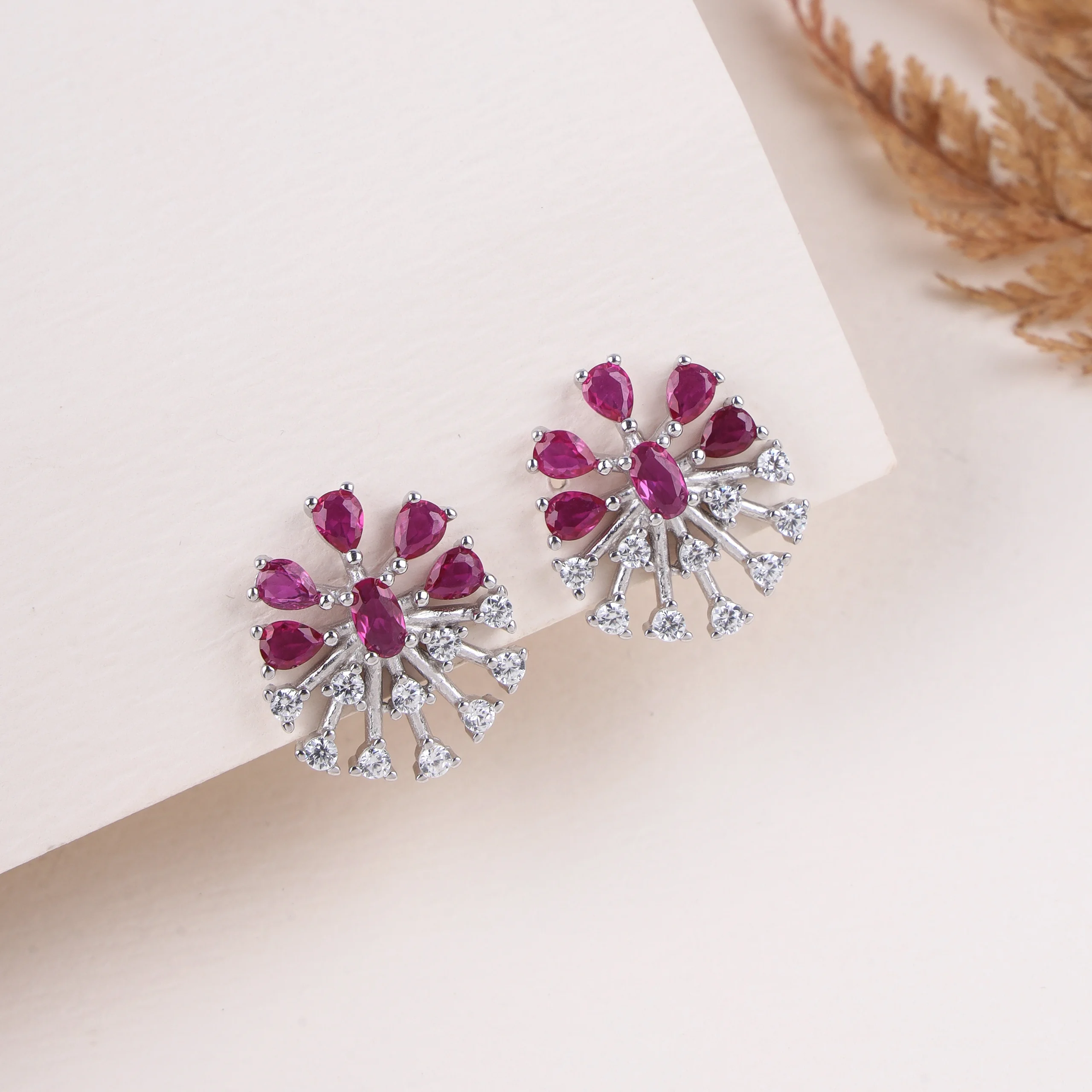 Radiant Ruby Burst Stud Earrings (Silver)