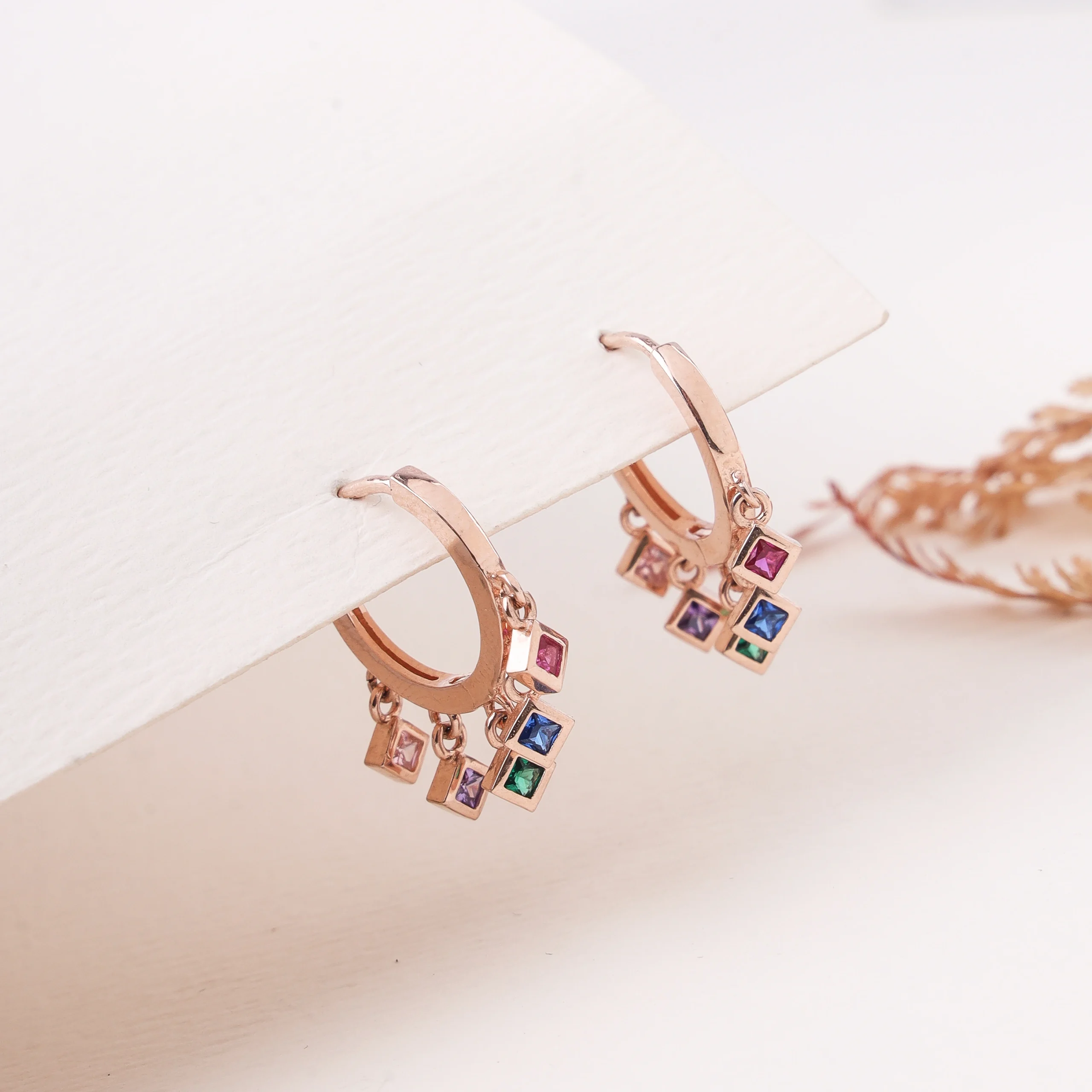 Kaleidoscope Cube Dangle Hoop Earrings (Rose Gold)
