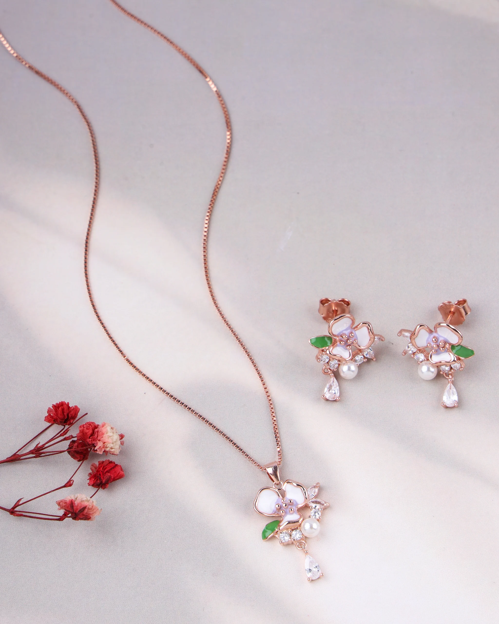 The Pearl & Leaf Cascade Set (Rose Gold)