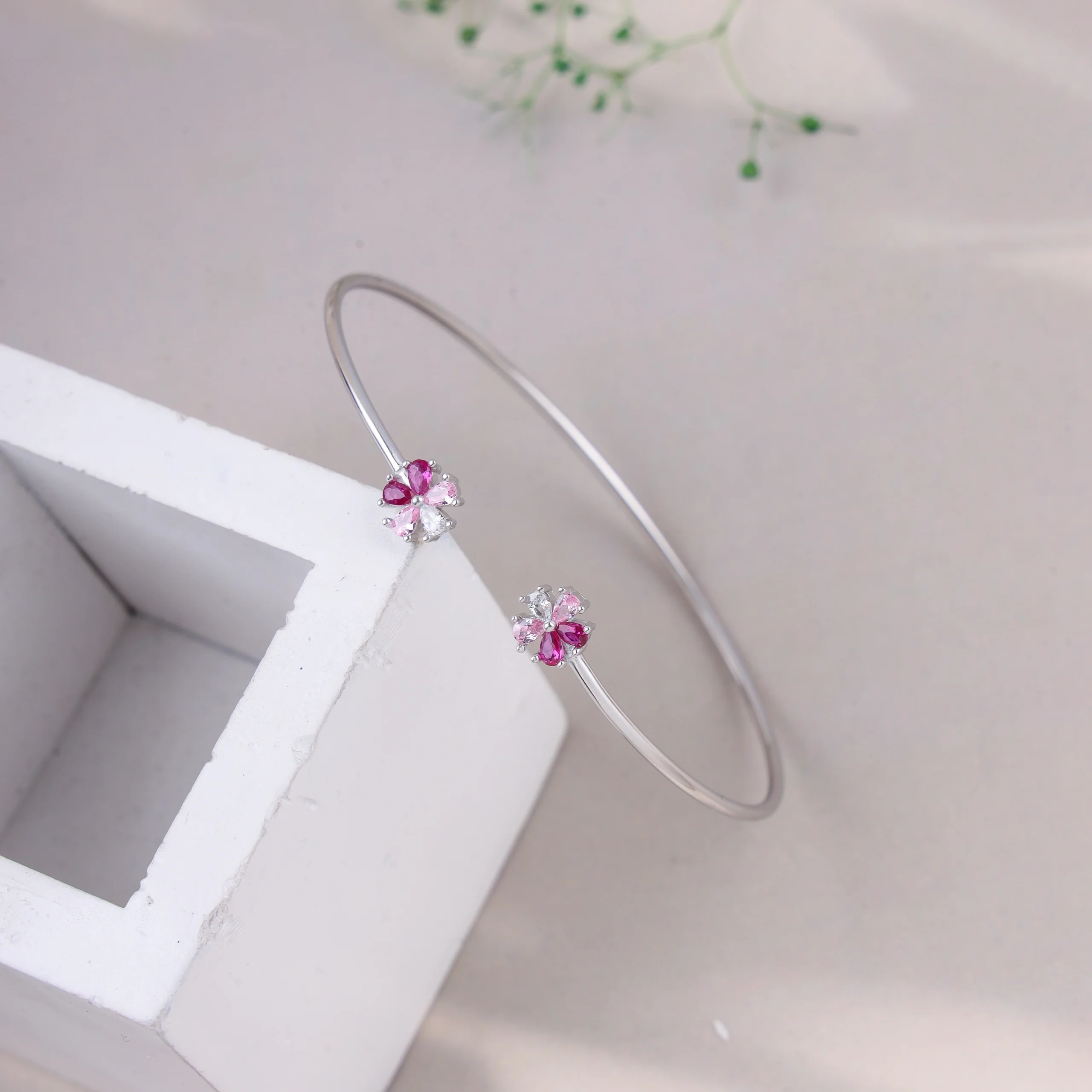 Twin Blossom Pink Sparkle Cuff (Silver)