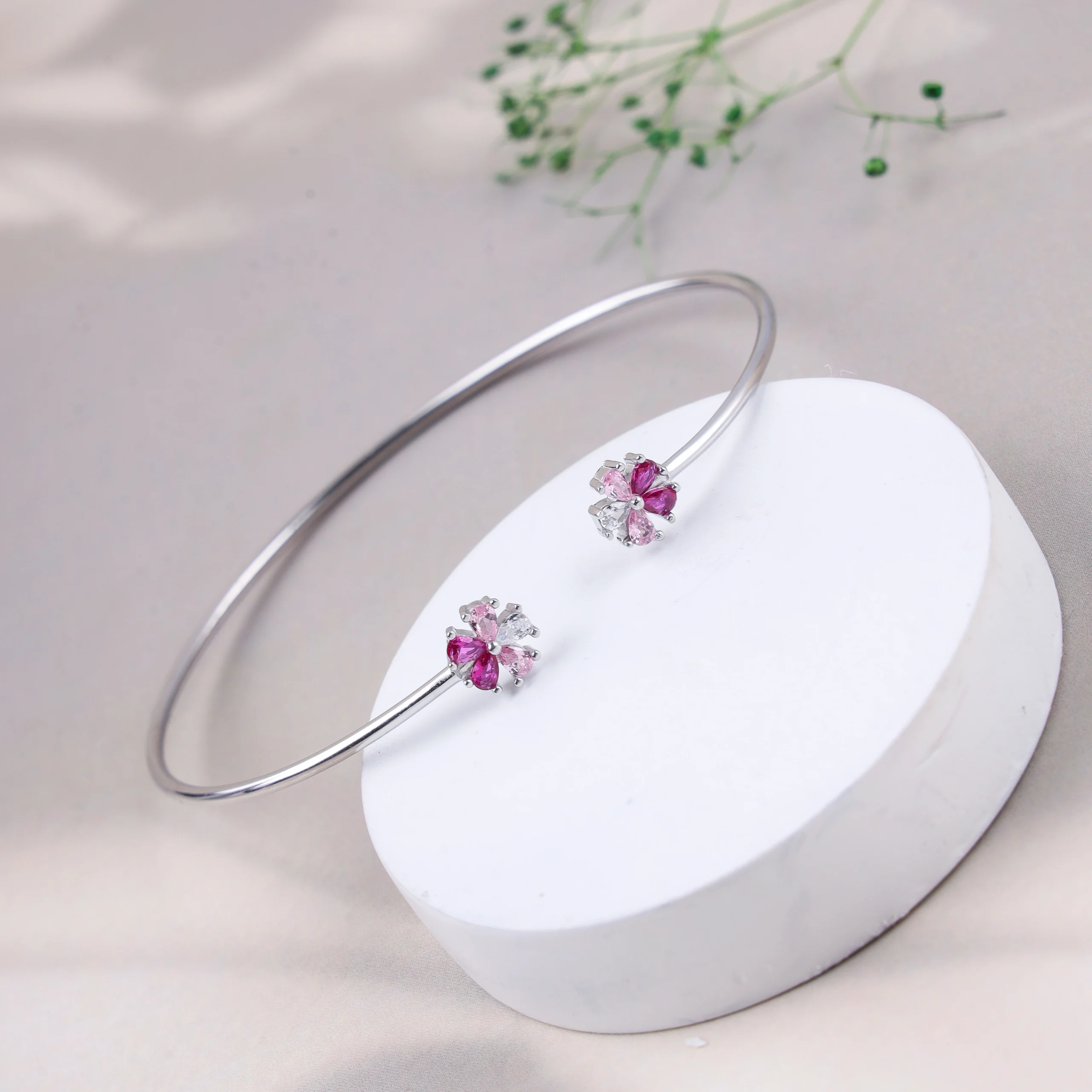 Twin Blossom Pink Sparkle Cuff (Silver) - Image 2