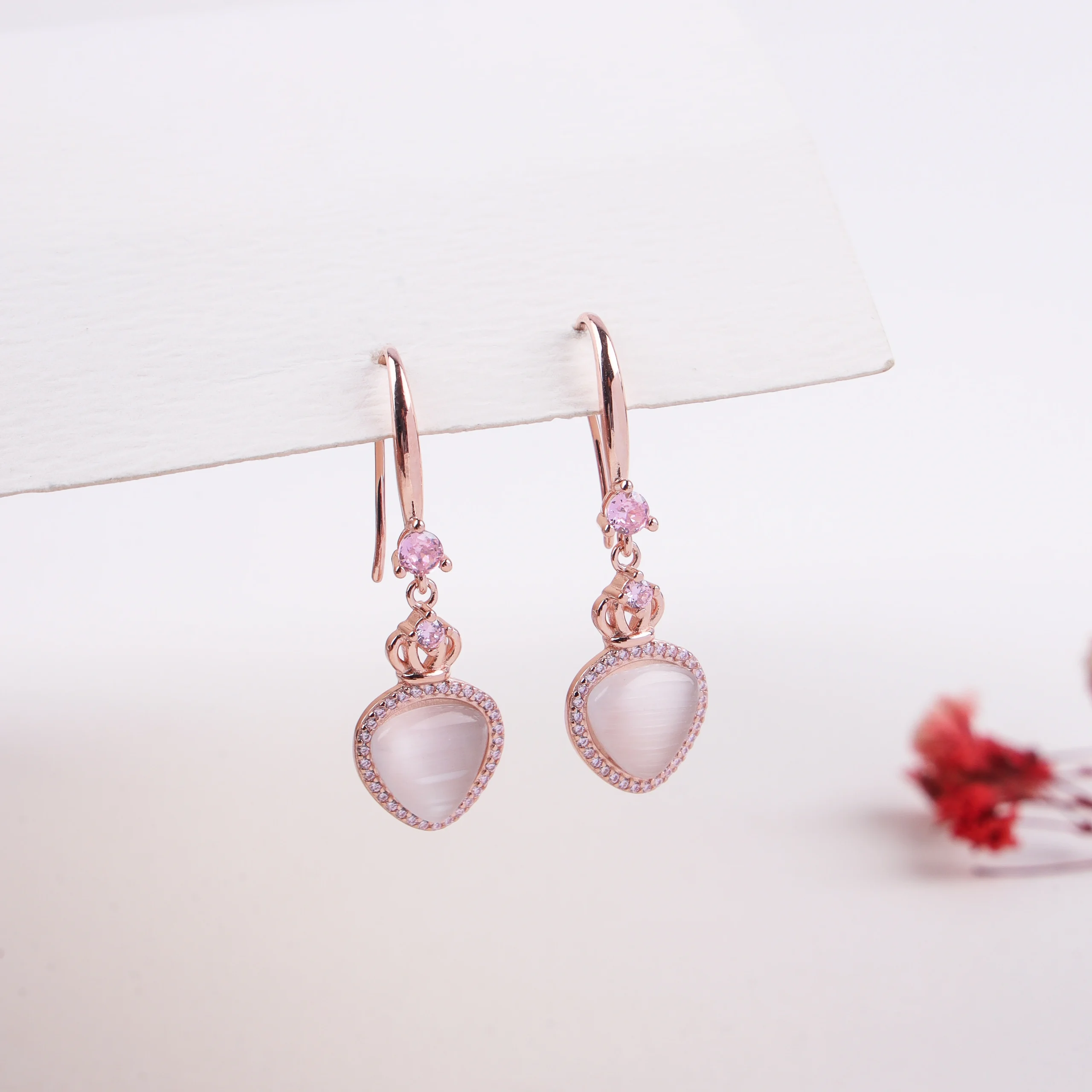 Pink Zircon Drop Earrings (Rose Gold)