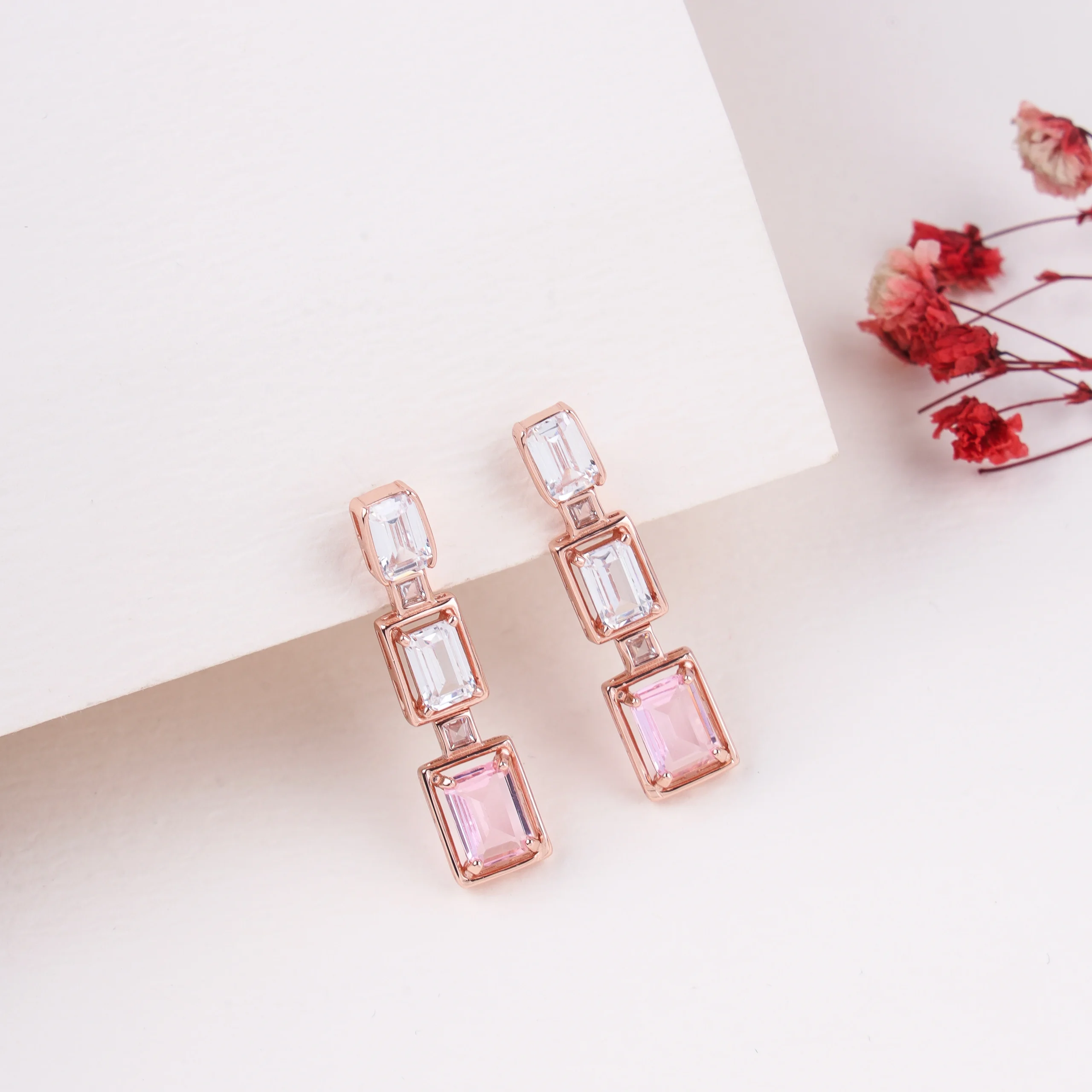 Ombre Zircon Emerald Cut Drop Earrings (Rose Gold)
