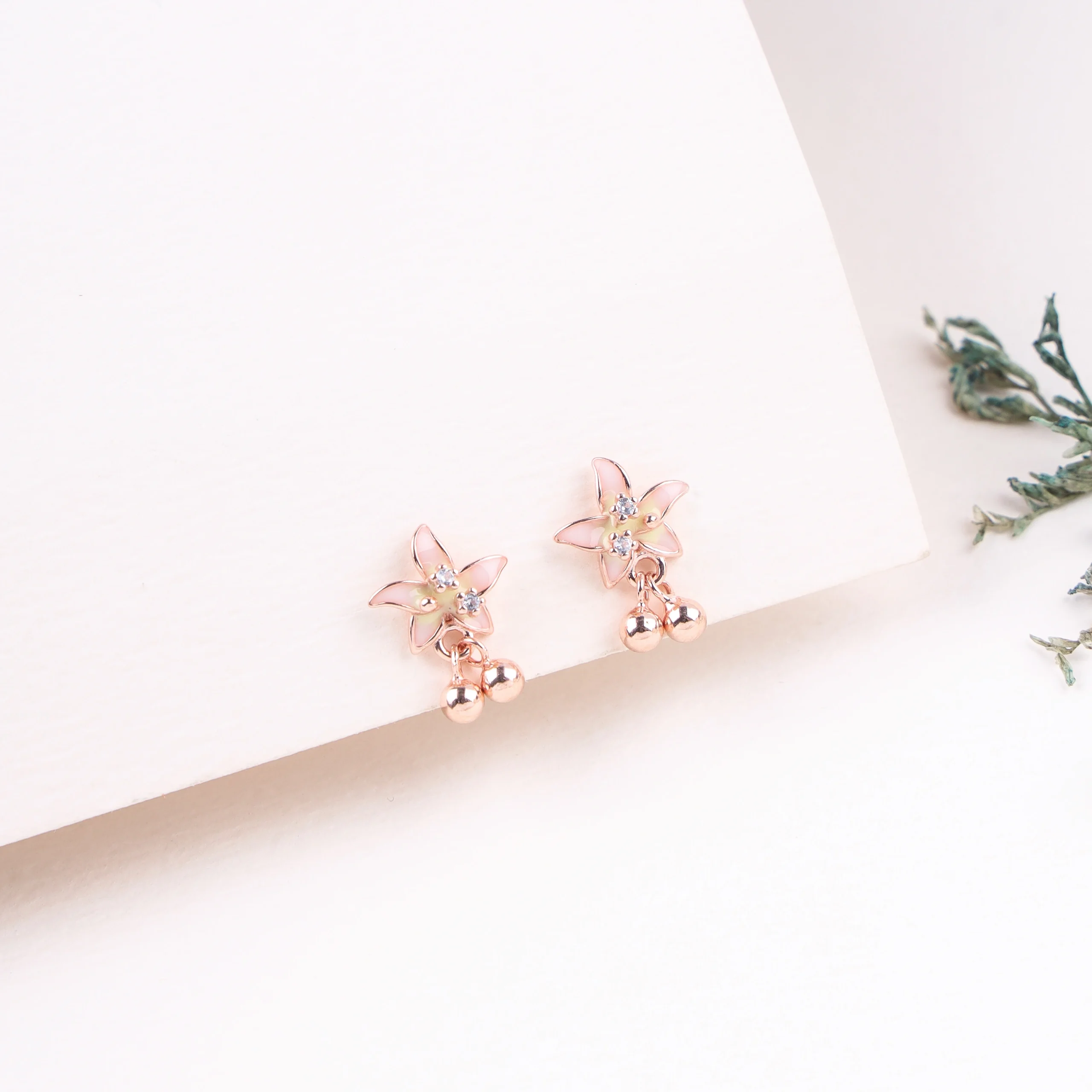 Pink Enamel Flower & Bead Drop Stud (Rose Gold)