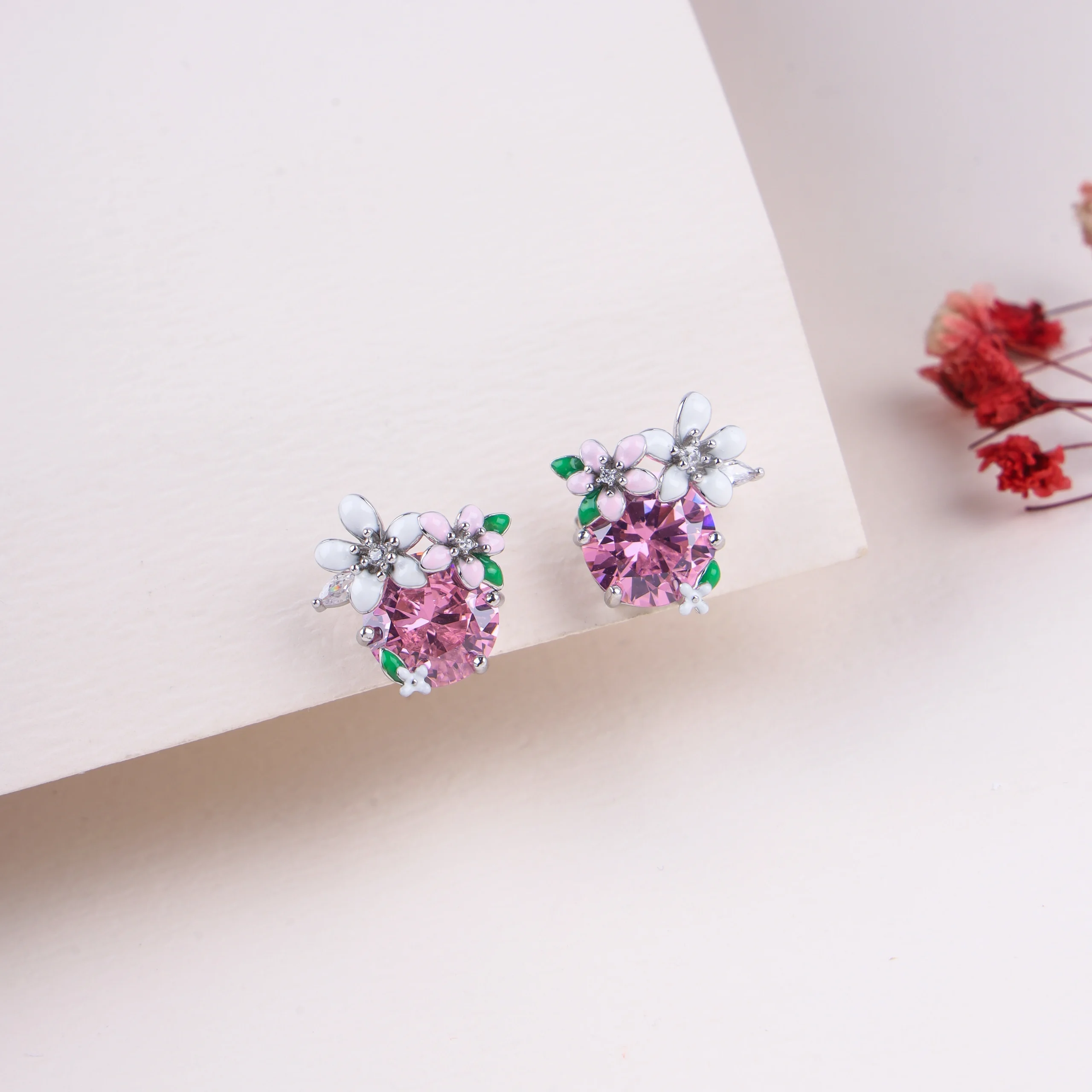 Zircon & Enamel Flower Stud Earrings (Rose Gold)