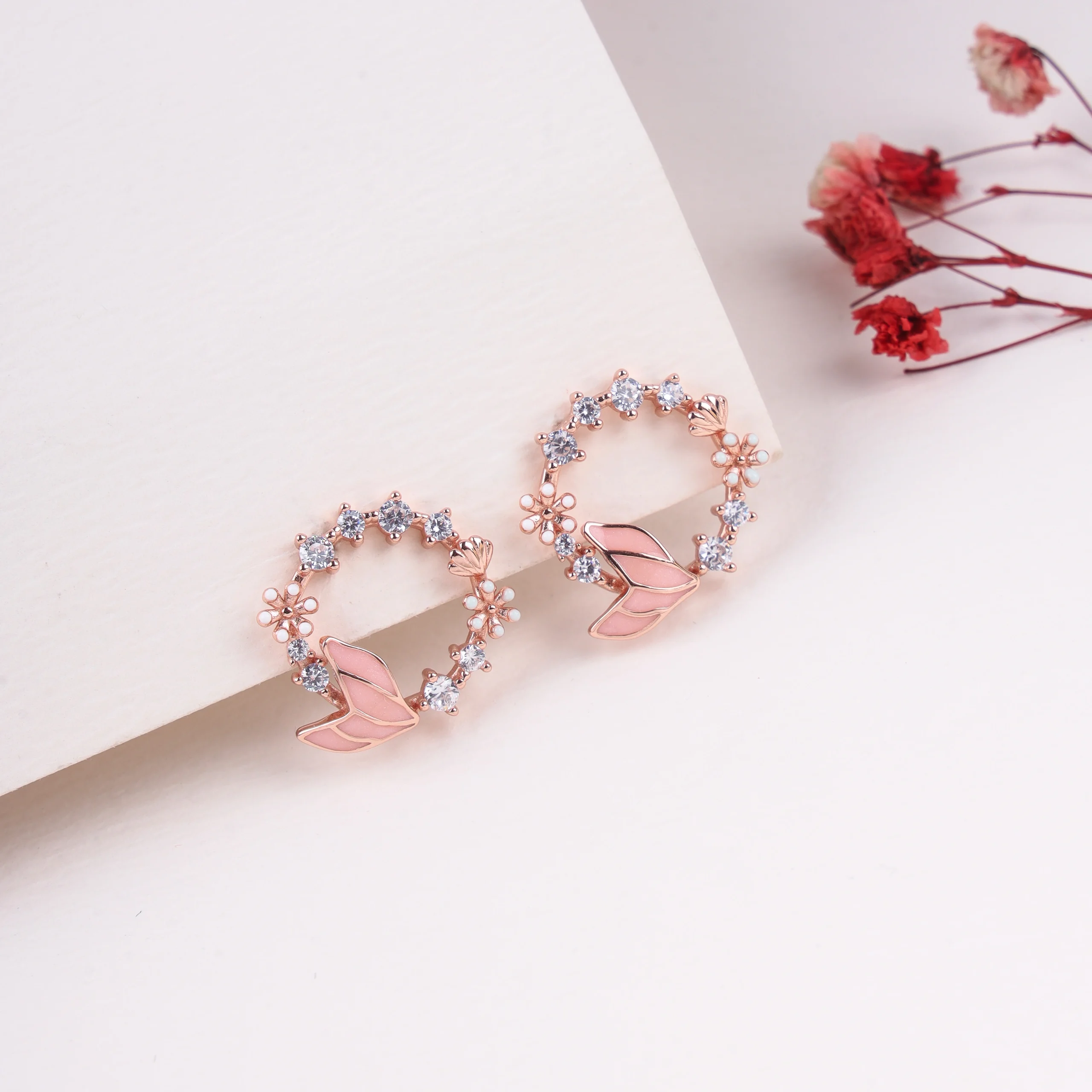 Butterfly & Floral Wreath Stud Earrings (Rose Gold)