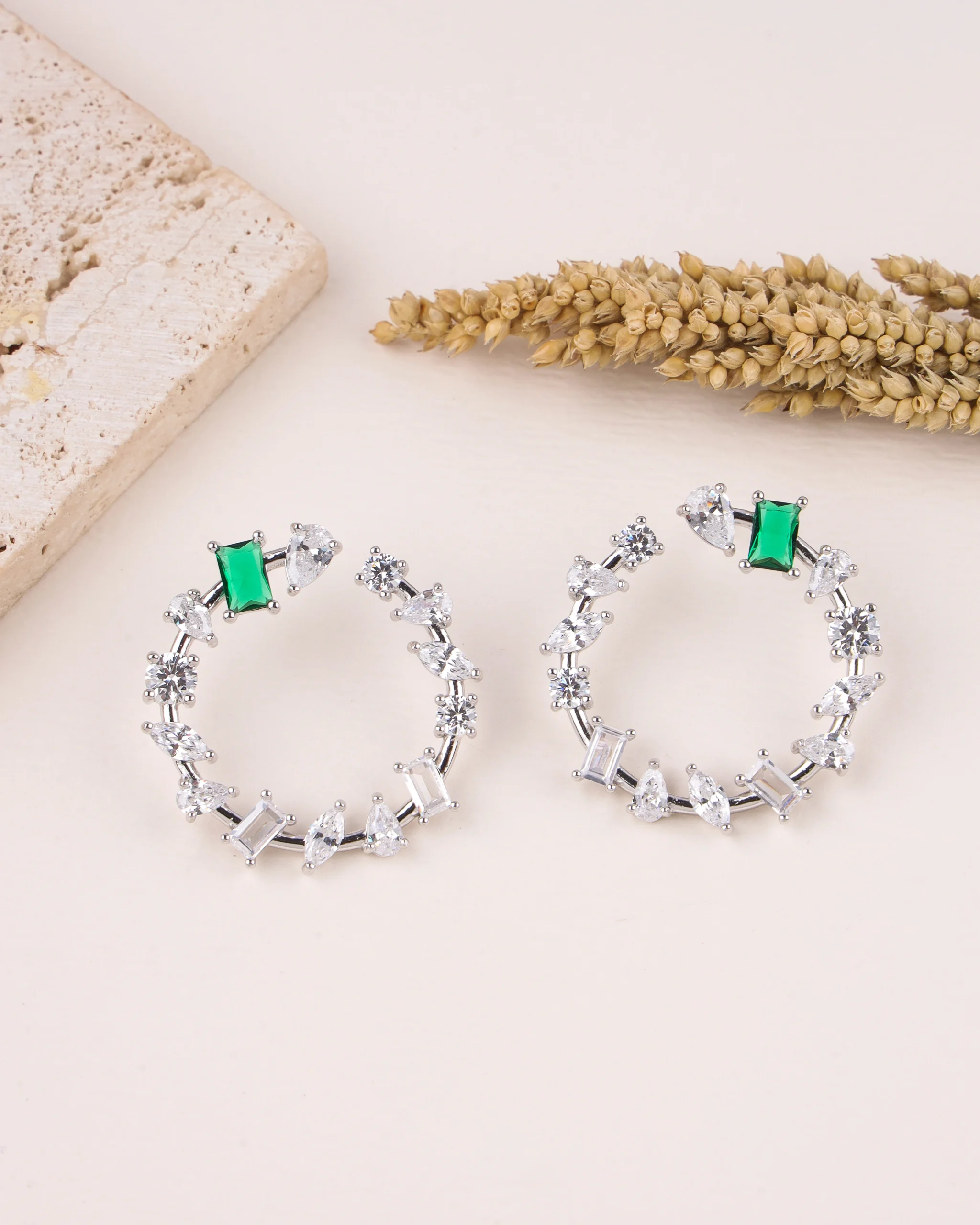 Mixed Cut Emerald Marquise Studs (Silver)