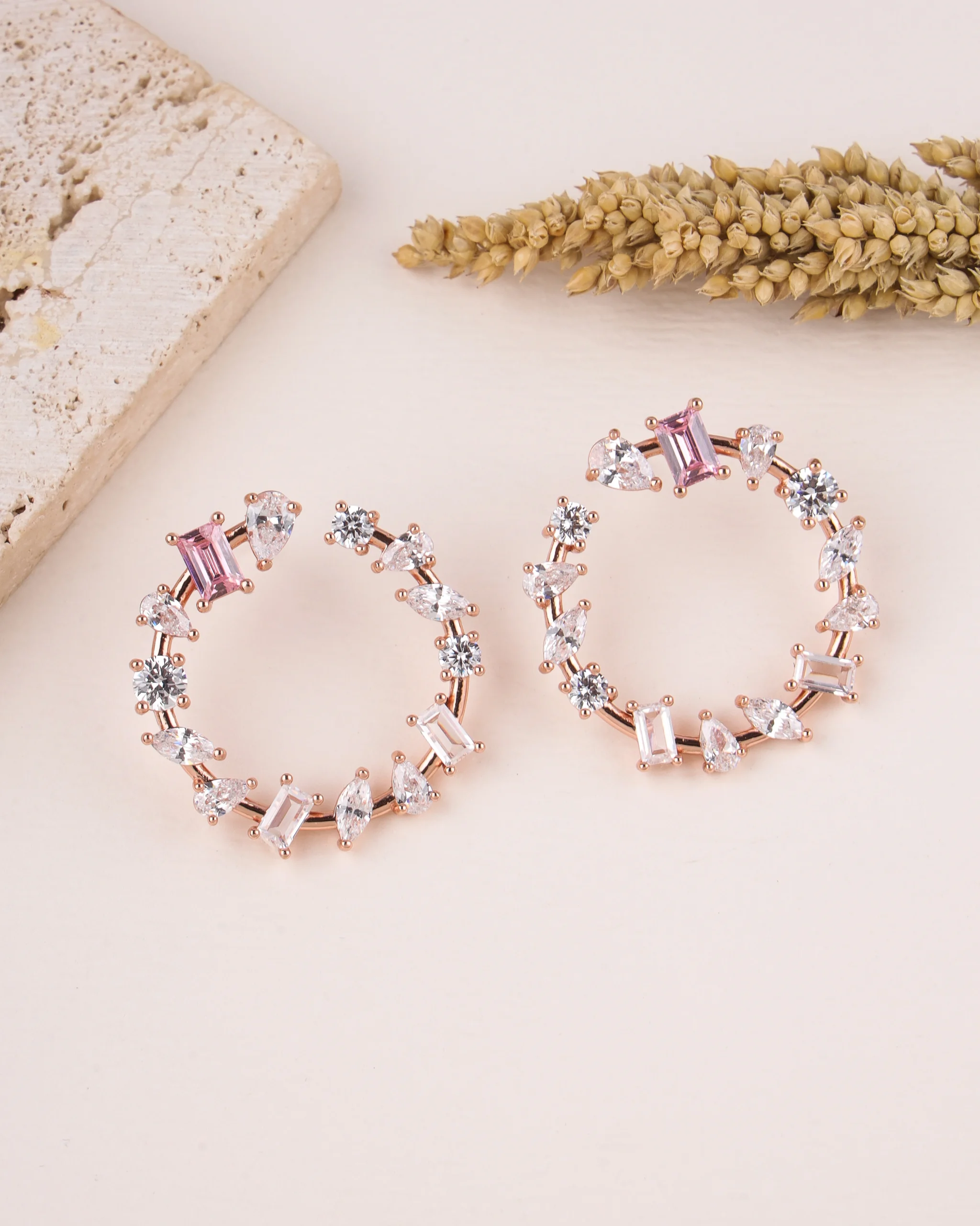 Mixed Cut Floral Pink Studs (Rose Gold)