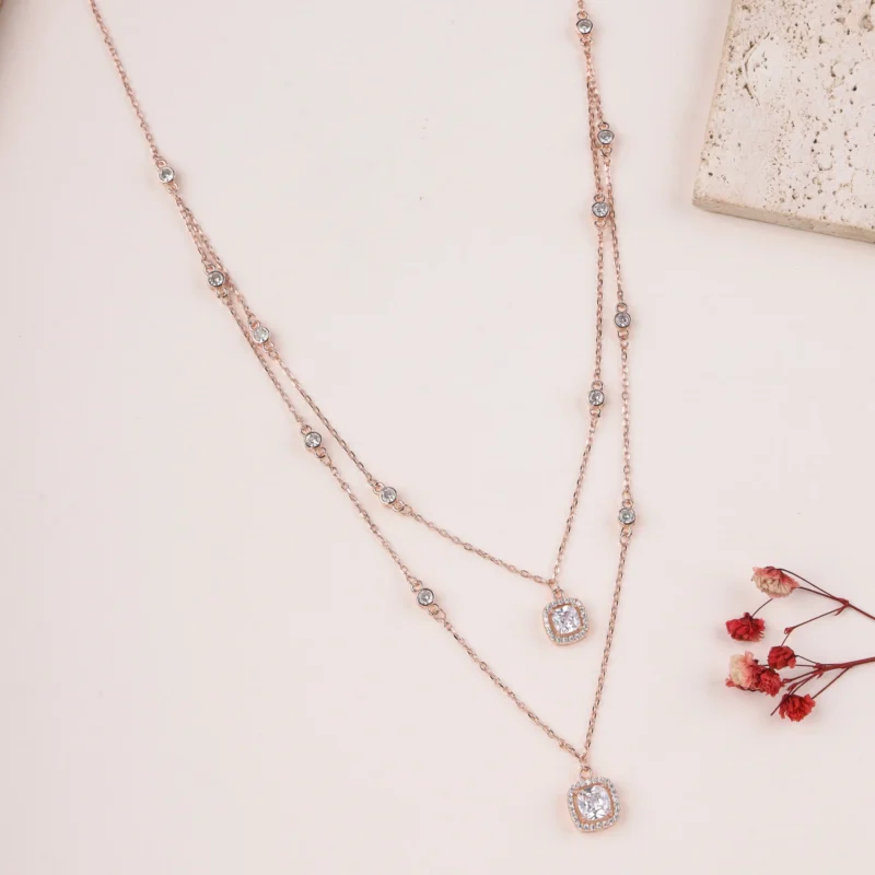 Cushion Cut Brilliance Layered Necklace (Rose Gold)
