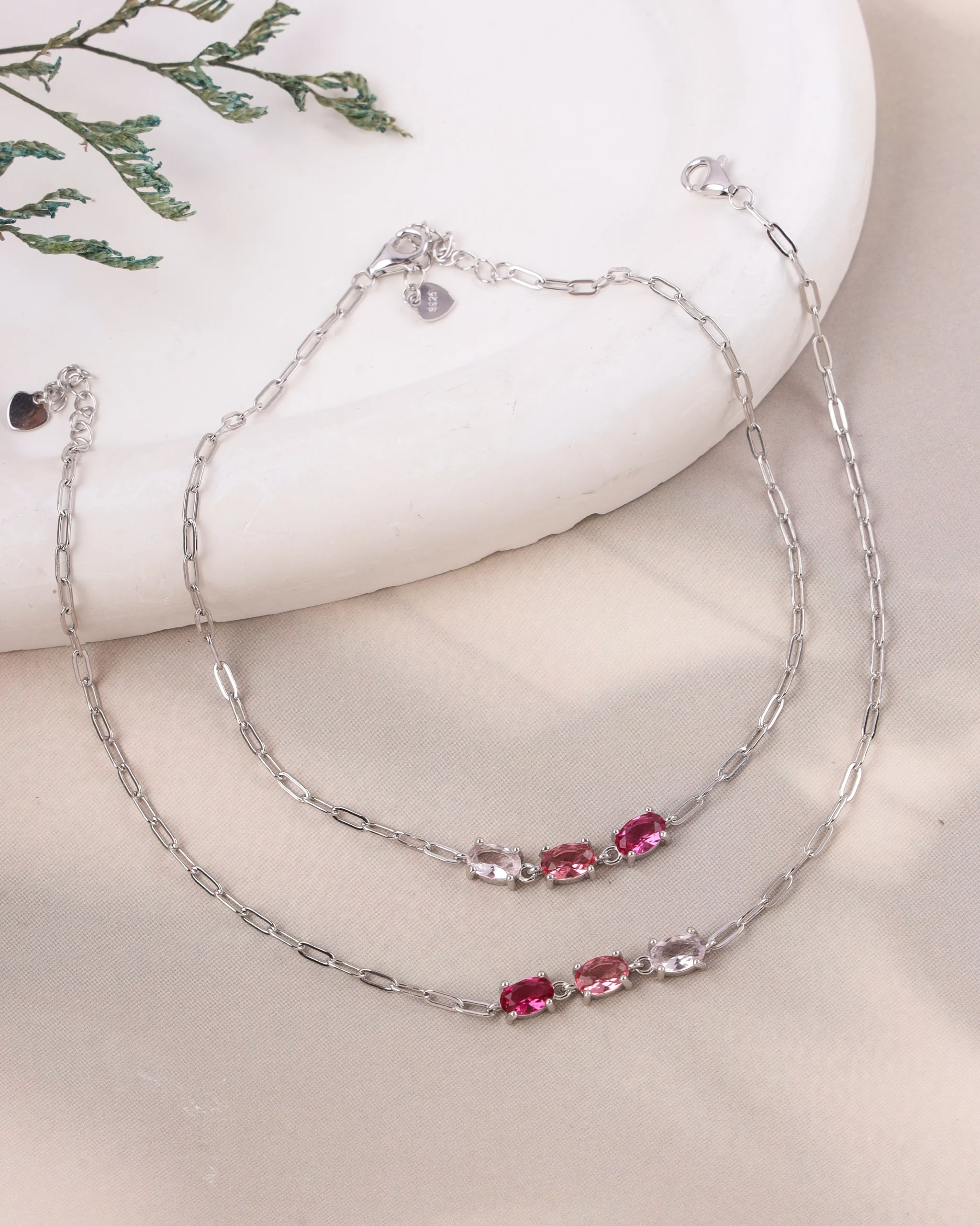 Ruby and Pink Cascade Silver Anklet